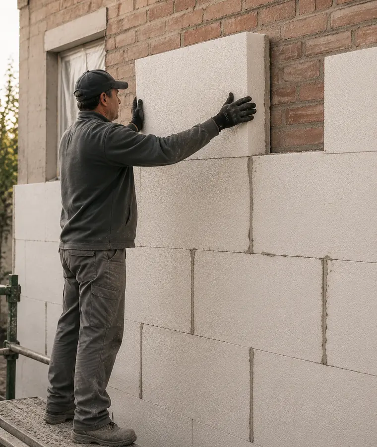 Operario colocando una placa de EPS sobre un muro de ladrillo para aislarlo